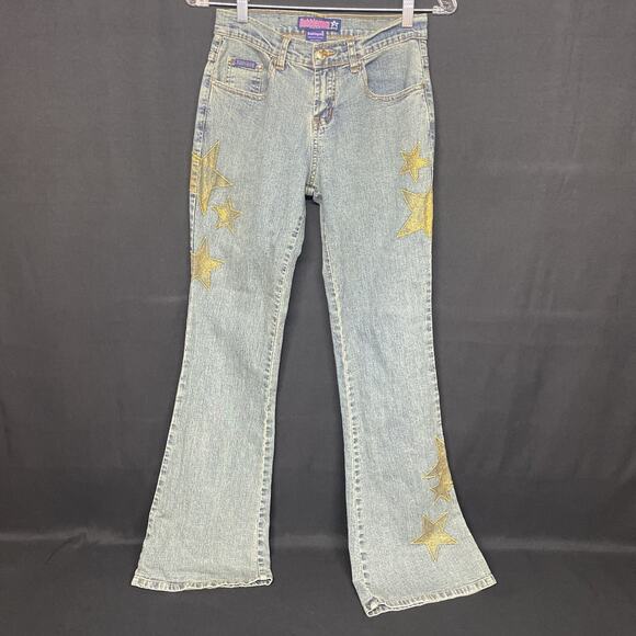 Vtg Y2K Bubblegum Jeans Womens 3/4 Flare Gold Glitter Embroidered Stars Low Rise - Picture 2 of 11